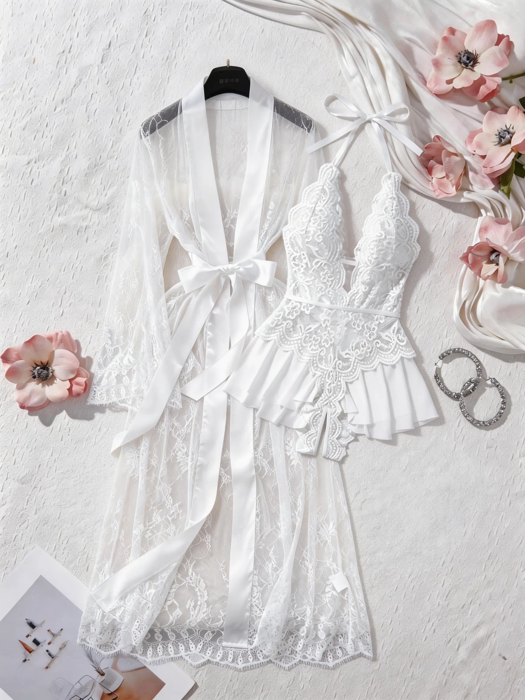Women's 2-Piece White Bodysuit & Sheer Long Robe Set - Sexy V-Neck Halter, Open-Crotch Bodysuit with Satin Bow Belt, Kimono Style Nightwear Loungewear Floral Boudoir Bathrobes & Dressing Gowns for Valentine's, Strap, Casual