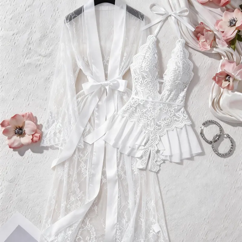 Women's 2-Piece Elastane Bodysuit & Sheer Long Robe Lingerie Set - Belted, Fitted, White, Sexy Deep V-Neck Halter, Open-Crotch, Lace Up, Frill Satin Bow, Kimono-Style Drape, Casual Boudoir Nightwear Loungewear Gowns for Valentine's