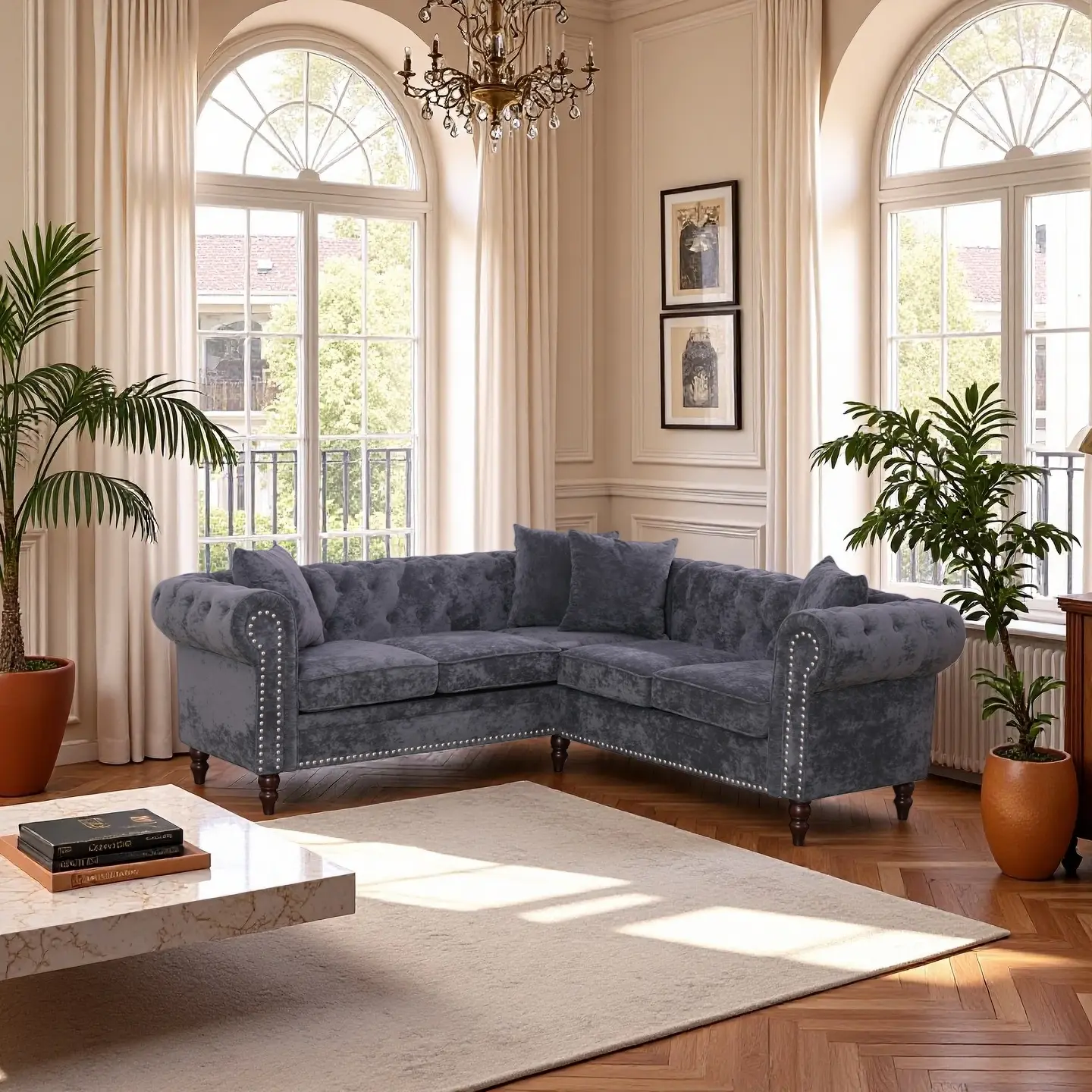 5-Seater Segmented Velvet Sectional Couch - Rivet Corner Sofa with 3 Pillows, Easy Assembly, High-Quality Fabric for Living Rooms, Bedrooms, Household Indoor Furniture, Sofas Living Room