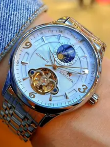 Men's mechanical watch with moon phase indication and skull dial - an automatic winding luxury leisure watch suitable for casual wear, the perfect holiday gift for men (Christmas, Halloween, Thanksgiving)