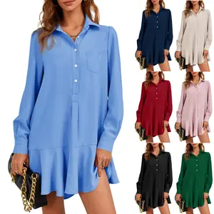 FMEYOA Womens Casual Button Down Shirt Dress Long Sleeve Collared Pleated Swing Mini Dresses