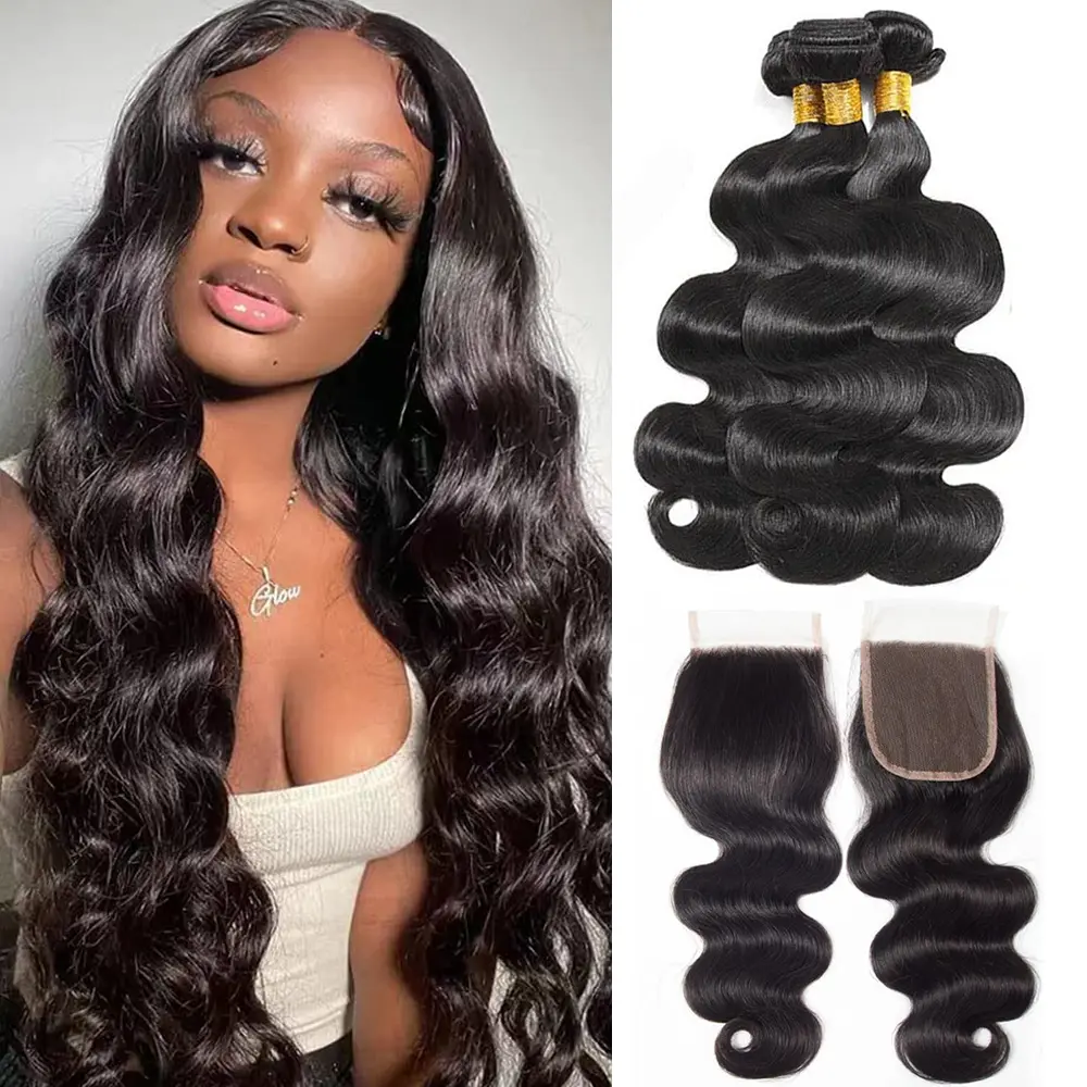 Msgem Hair Body Wave Bundles With 5x5 Lace Closure Human Hair Bundles With Closure 12A Body Wavy 12-32 Inch 3 Bundles or 4 Bundles/Lot Wavy Weave Extensions No Chemical #Tiktokdealsforyoudays