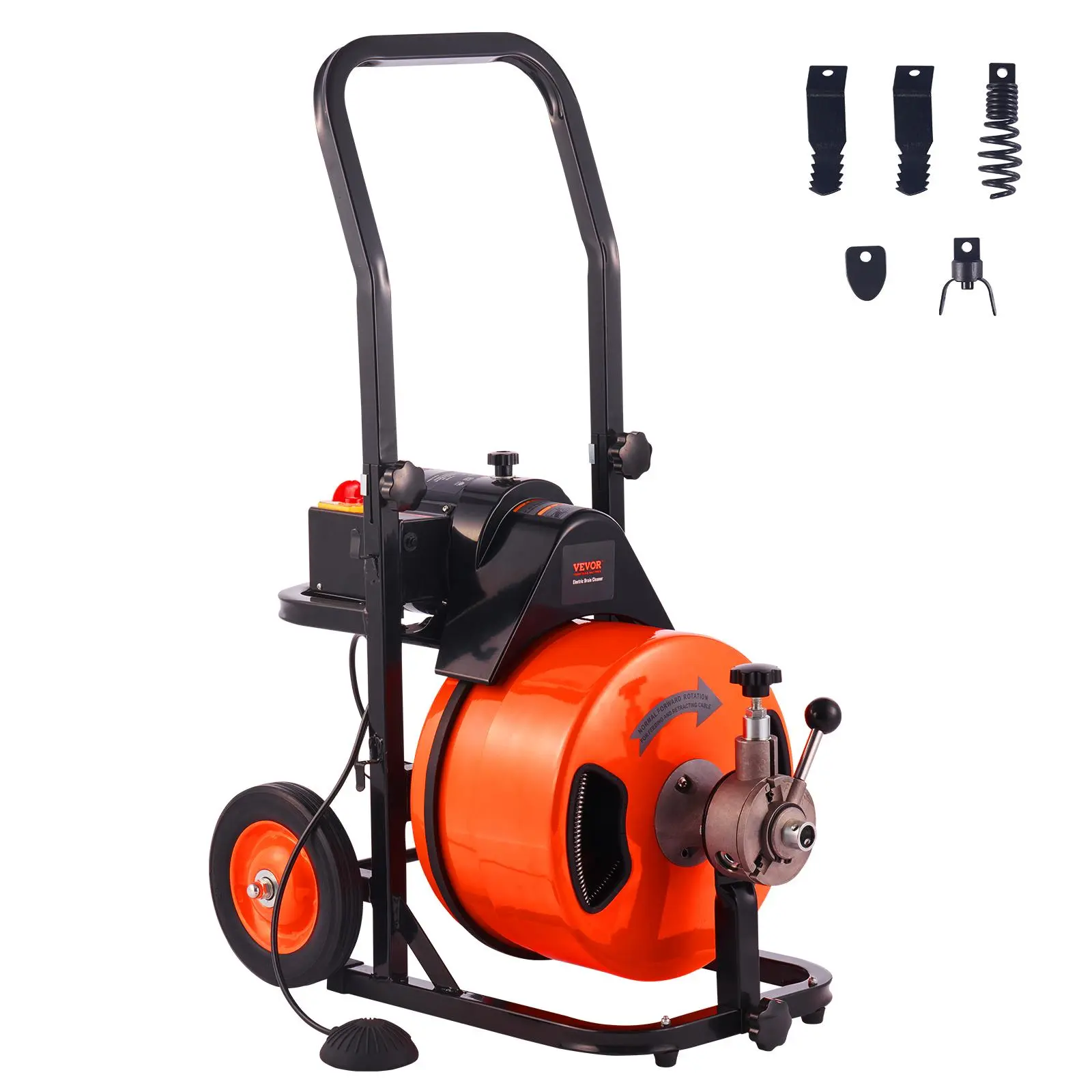 【summerfinds】VEVOR Drain Cleaning Machine 75 FT x 1/2 Inch, Sewer Auger Auto Feed with 4 Cutter & Air-activated Foot Switch for 1" to 4" Pipes, Orange, Black
