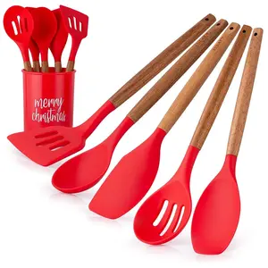 Zulay Christmas Silicone Spatula Set with Acacia Wooden Handles, Non-Scratch Heat-Resistant Kitchen Utensils and Utensil Holder Spoon Cookware Sturdy