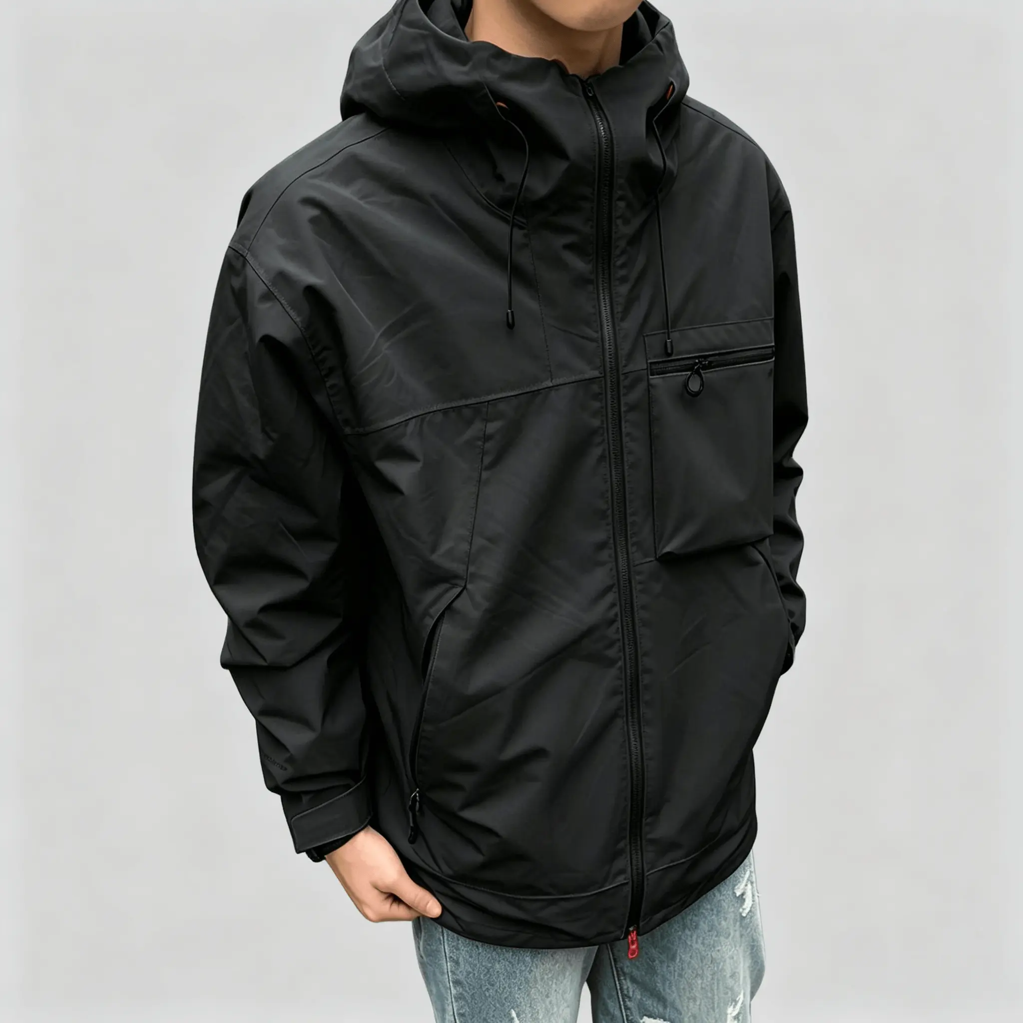 Men's Hooded Windbreaker Jacket, a Lightweight Water-Repellent Fabric Outdoor Coat with Zipper Pockets for Hiking and Daily Casual Wear, Adjustable Foldable Hood, Plain, Long, Chain, Athletic