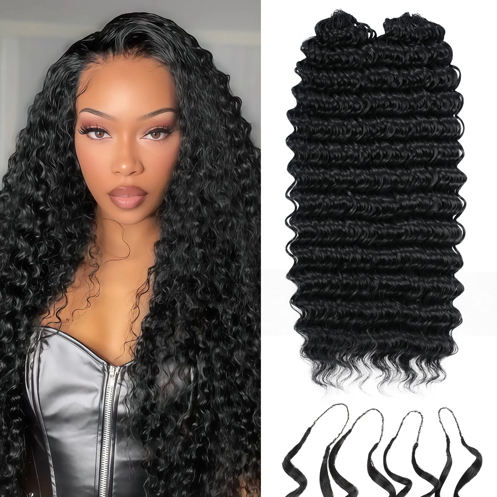 18 Inch Knotless Feather Crochet Human Hair Extensions Deep Wave Knotless Pre-Separated Feather Crochet Hair Extension Loose  main image 2