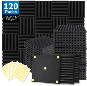 Soundproofing Focusound 12 Grooves 120 Packs Noise Reduction Foam Panels 1" x 12" x 12" with 520PCS Double-Side Adhesive. Noise-Cancelling Foam Panels optimize sound quality for room decoration, ideal for creators, streamers, and gamers. Room Accessories.