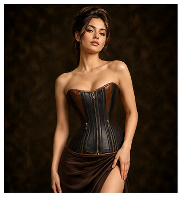 Steel Boned Real Leather Halfbust corset w/ Front Zipper
