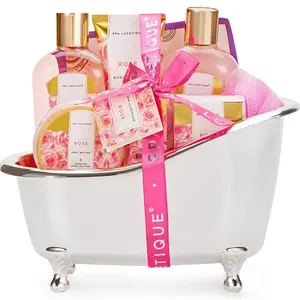 8Pcs Rose Spa Basket Bath Sets Includes Bubble Bath, Shower Gel, Body Lotion, Birthday Valentines Gifts Bundles