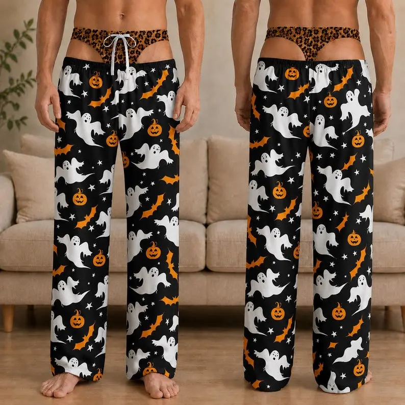 Personalized Mens Halloween Satin Lounge Pants, Funny Custom Sleepwear with Underwear Pattern, Spooky Party Pajamas, Novelty Gift for Men