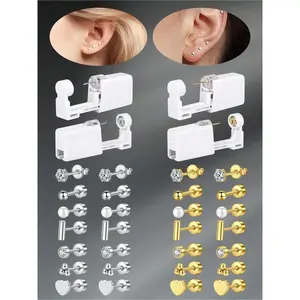 3 Pcs/Set Funky Stainless Steel Cubic Zirconia Heart Faux Pearl Flat Back Earrings With Ear Piercing Gun Self Ear Piercing  At Home Self Ear Piercing Gun Kit Body Piercings Set, For Daily Decoration