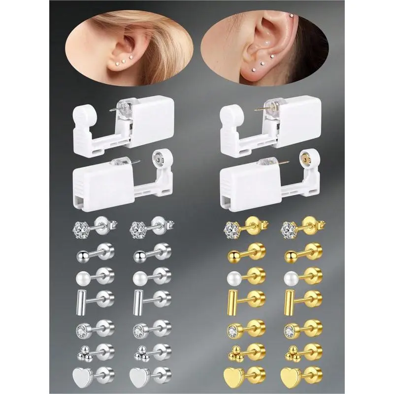3 Pcs/Set Funky Stainless Steel Cubic Zirconia Heart Faux Pearl Flat Back Earrings With Ear Piercing Gun Self Ear Piercing  At Home Self Ear Piercing Gun Kit Body Piercings Set, For Daily Decoration Body Jewelry