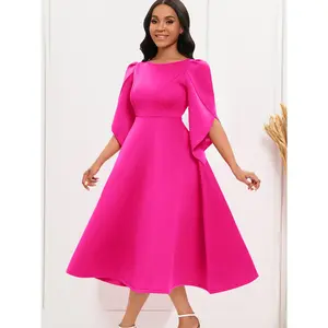 D413 Women's Plus Size Magenta Puff Sleeve A-Line Midi Dress with Flared Hem for Formal Party & Evening Events Elegant and Flattering Fit
