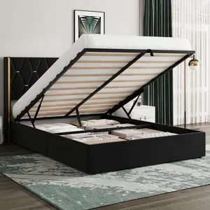 Storage Bed Full with Upholstered Wingback Headboard, Modern Full Size Hydraulic Bed Frame with Strong Wood Slats Support, No Box Spring Needed, Easy Assembly, Black