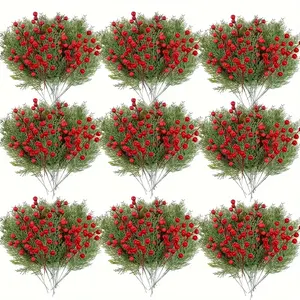 60-Pack Artificial Pine Branches with Holly Berries, Perfect for Holiday Decorations, Ideal for Wreaths, Tables, Patios, Gifts