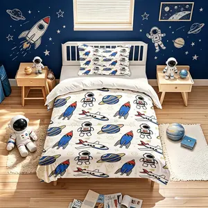 Cartoon Space Astronaut Duvet Cover Set, 1 Duvet Cover with 1/2 Pillowcases, All-Season Bedding for Bedroom, Dorm & Guest Room, Decor for Teens & Boys
