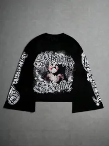 Men's Loose-Fitting Hoodie, Long Sleeve, Short Cut Box Style, Single-Sided Cartoon Print, Autumn Winter Thin Sweatshirt, Casual Daily Wear