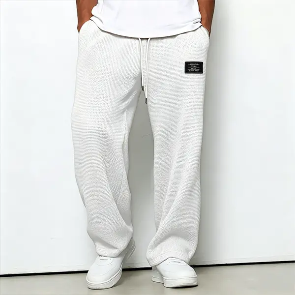 Men's Waffle-Textured Sweatpants, All-Season Loose-Fit Baggy Polyester Pants with Drawstring and Label Accent for Streetwear, Polyester Clothes, Baggy Drawstring Men's Pants, Waffle Style Men's Pants, Wide-Leg Sweatpants Men's Pants
