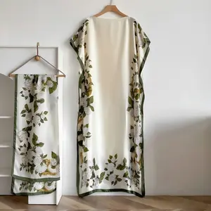 Women's Luxury Silk-Like 2-Piece Moo Moo Set, White Floral Print Long Kaftan Robe with Matching Scarf, Moo Moo And Scarf Set tiktokshopspringglowup,summervibes