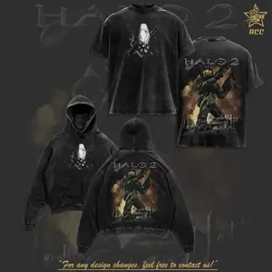 Retro 2026 HALO 2 Vintage Oversized Heavyweight Washed Graphic Tee - Crew Neck Casual 100% Premium Cotton Fabric, Streetwear Tropical Menswear Top
