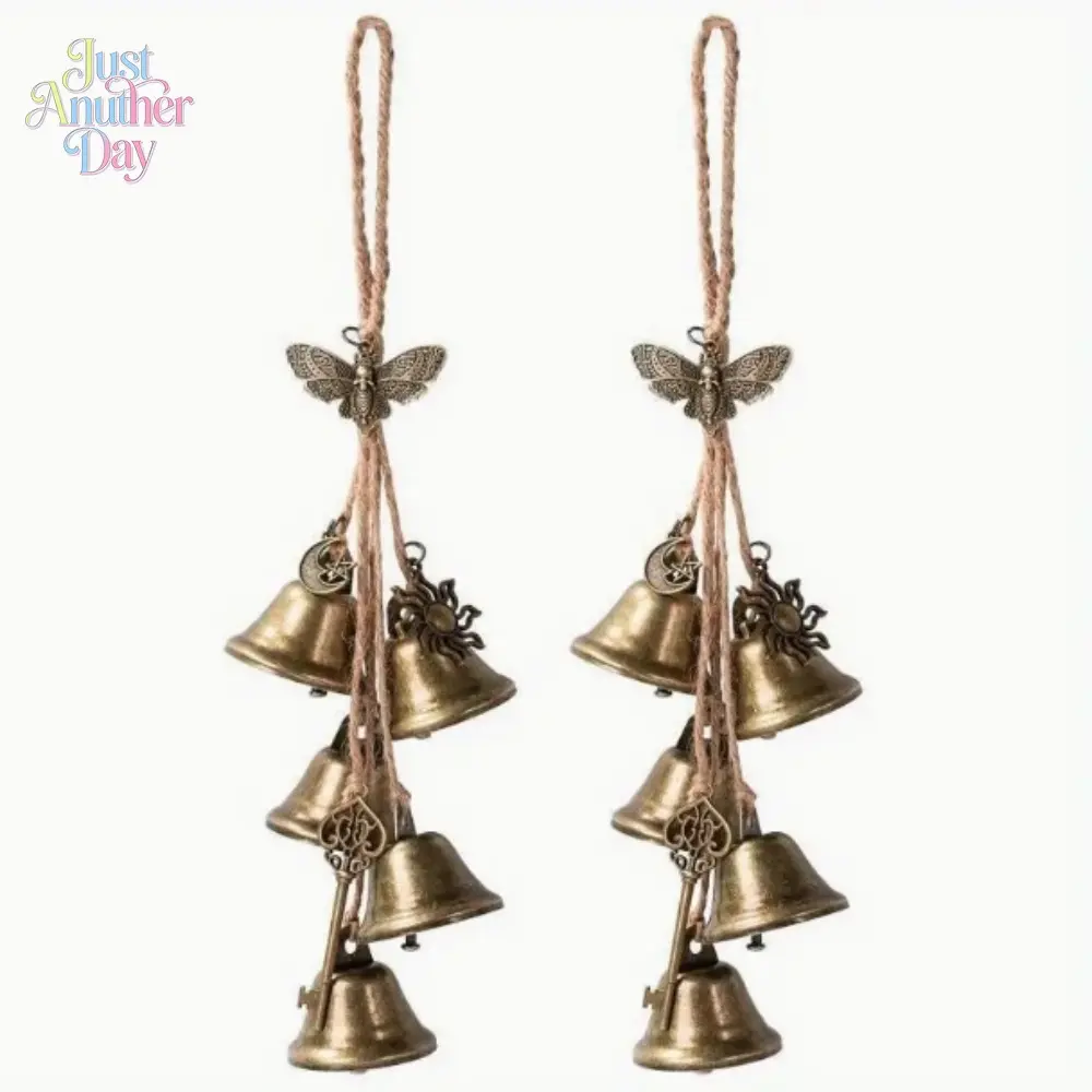 2Pcs Witch Bells Door Hangers, Vintage Bronze Protection Bells with Moth, Sun, Moon Charms, Wiccan Cleansing Ornaments, Ideal for Door Knobs, Home & Garden Decor, Brings Positive Energy and Good Vibes