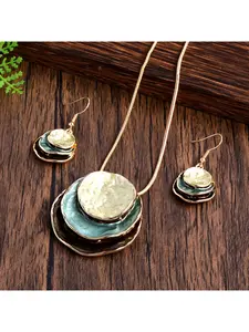 Boho 3-Layer Round Zinc Alloy Enamel Jewelry Set, Necklace & Earrings for Women