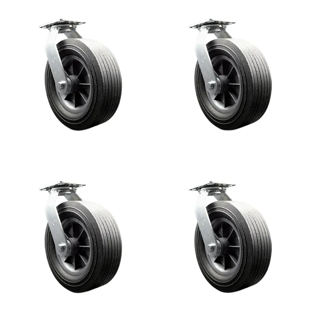 BBQ Smoker Grill Flat Free All Terrain Caster Wheel Set – 10 Inch Easy Roll, No Flat, Maintenance Free Solid Rubber Wheels–Industrial Grade–4 Swivel Casters with Bolt-On Locks–Set of 4– Service Caster