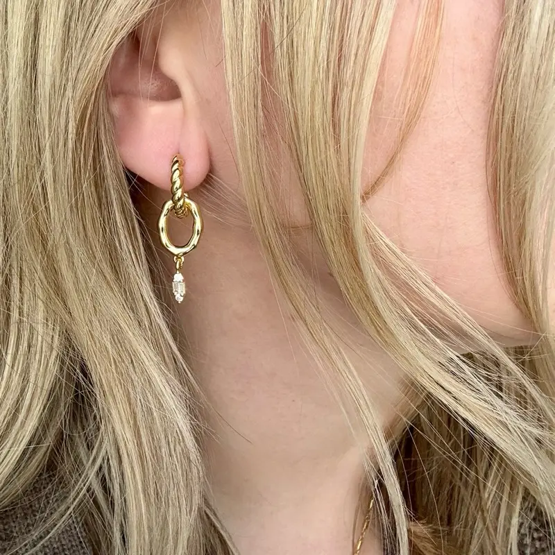 Dianechristine Signature Collection Interlocking Click-Back Huggie Earrings, Gold-Filled with Art Deco Marquis CZ Drop Pendant