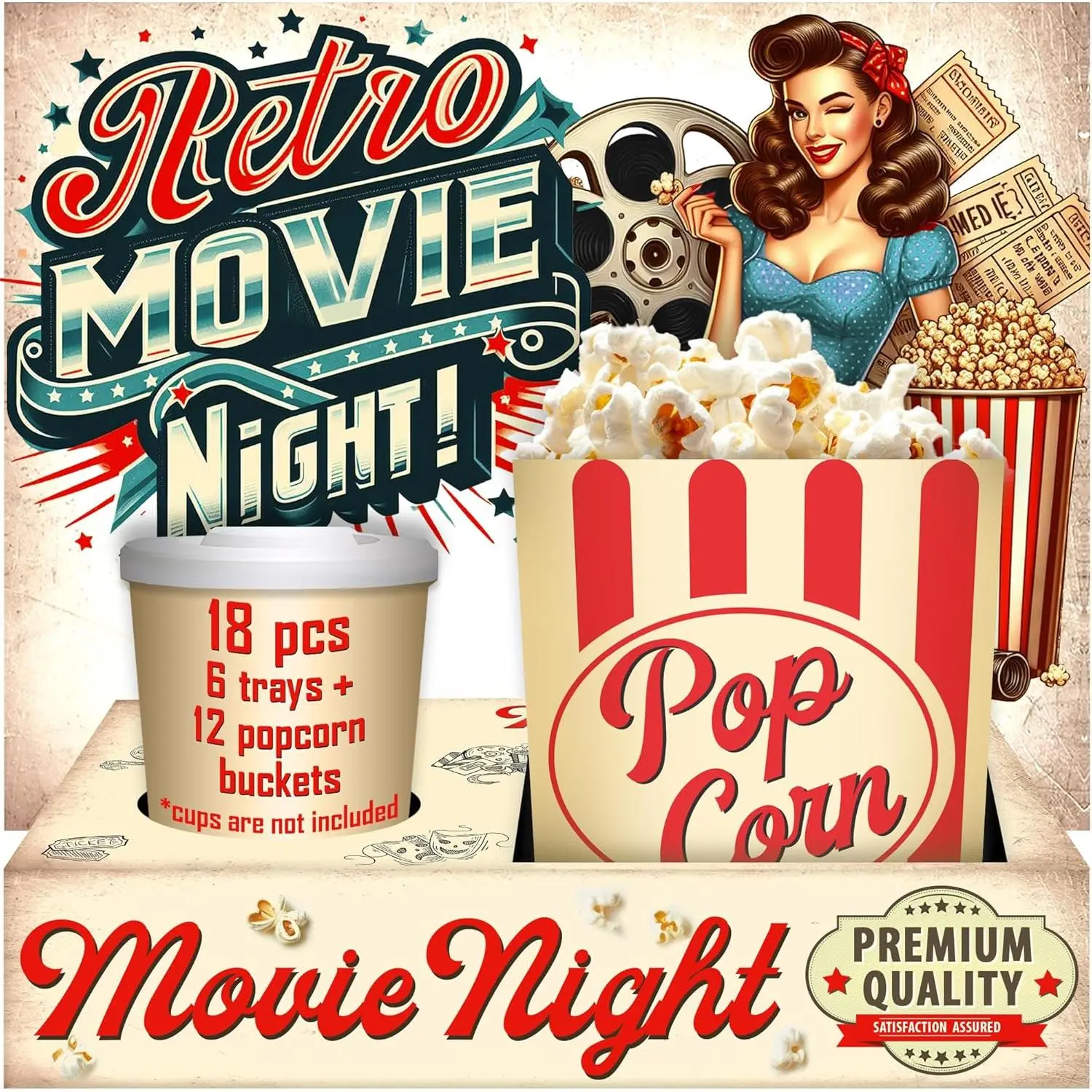 Movie Night Supplies - Popcorn Bags (12ct) & Movie Night Snack Trays (6ct) - Movie Night Supplies Movie Theater Decor: Popcorn Bowls for Family Movie Night, Movie Party Decorations (Retro 18 count)