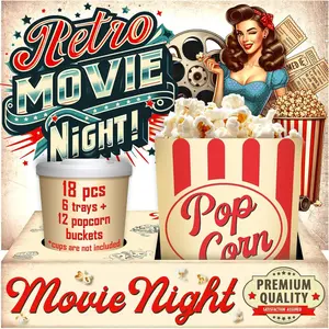 Movie Night Supplies - Popcorn Bags (12ct) & Movie Night Snack Trays (6ct) - Movie Night Supplies Movie Theater Decor: Popcorn Bowls for Family Movie Night, Movie Party Decorations (Retro 18 count)