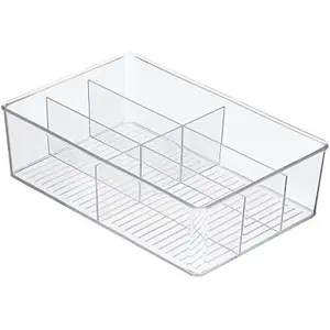 Plastic Kitchen Cabinet Storage Organizer Bin Box - 6 Divided Sections for Pantry Shelves, Countertops, , or Cupboard - Holds Snacks,  Bags, Spices, Sauces, Ligne Collection, Clear