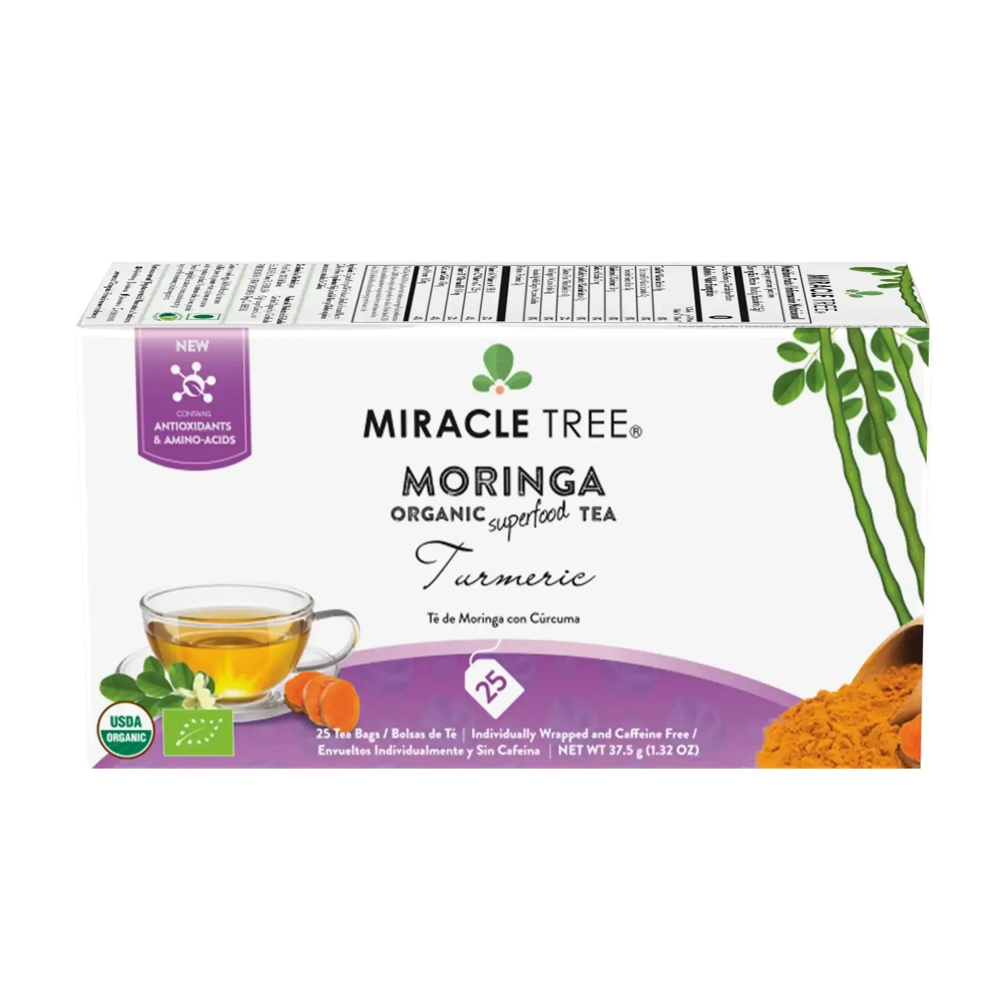 Miracle Tree Organic Moringa Tea Turmeric Caffeine-Free Herbal Tea - USDA Certified Warm Earthy Spice Smooth Herbal Infusion