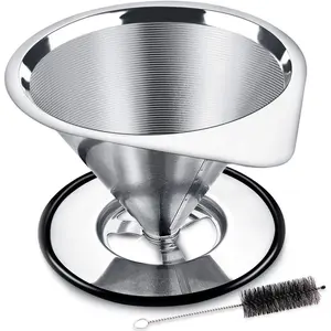 Pour Over Coffee Dripper Stainless Steel Coffee Filter Metal Cone Filter Paperless  Coffee Filter Single Cup Coffee Maker 1-2 Cup With Non-slip Cup Stand and Cleaning Brush