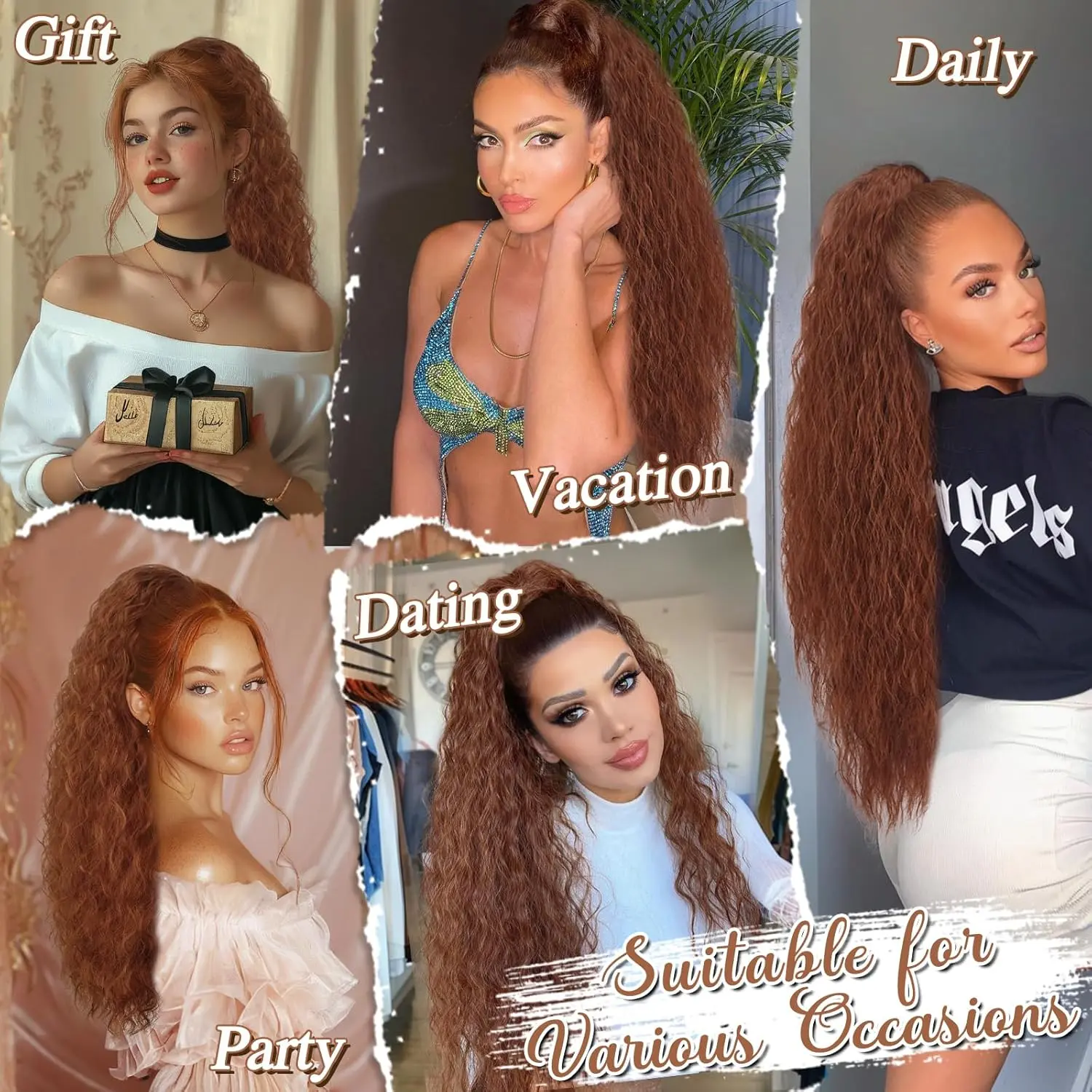 Curly Ponytail Extension Synthetic Dark Auburn Drawstring Hairpiece for Black Wo 30 Inch Auburn Long Curly Drawstring Ponytail Extension  main image 3