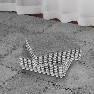 32 count Plush  Interlocking Floor Mat Climbing Area Rugs 11.8 x 11.8 Inch Square Soft Fluffy Tiles with Border Play Mat Flooring Tiles for Home Playroom Decoration (Gray)