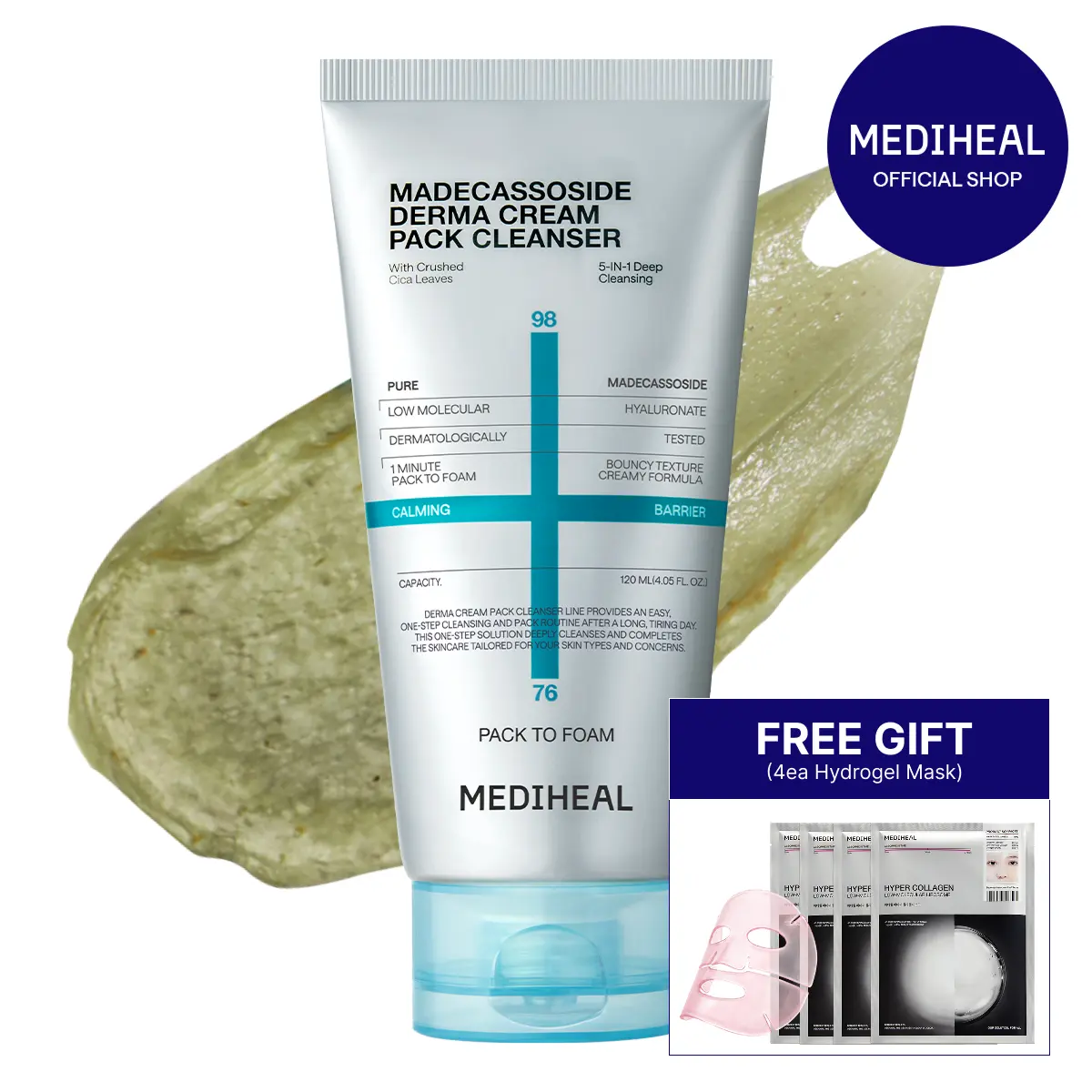 [MEDIHEAL] Derma Cream Pack Cleanser | Madecassoside Calming Barrier | 5-in-1 Deep Pore Cleansing | Real Centella Leaves | Vegan & Sensitive Skin Safe | 120ml