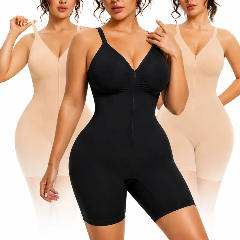 Women's Sculpt-Glam Zip-Up Shapewear Bodysuit, Adjustable Non-Slip Straps, Soft Stretchy Breathable Mesh, Snug Fit, Gentle Body Shaper, Seamless Undergarment, Black & Beige Options faja woman，Faja Short shapewear bodysuit