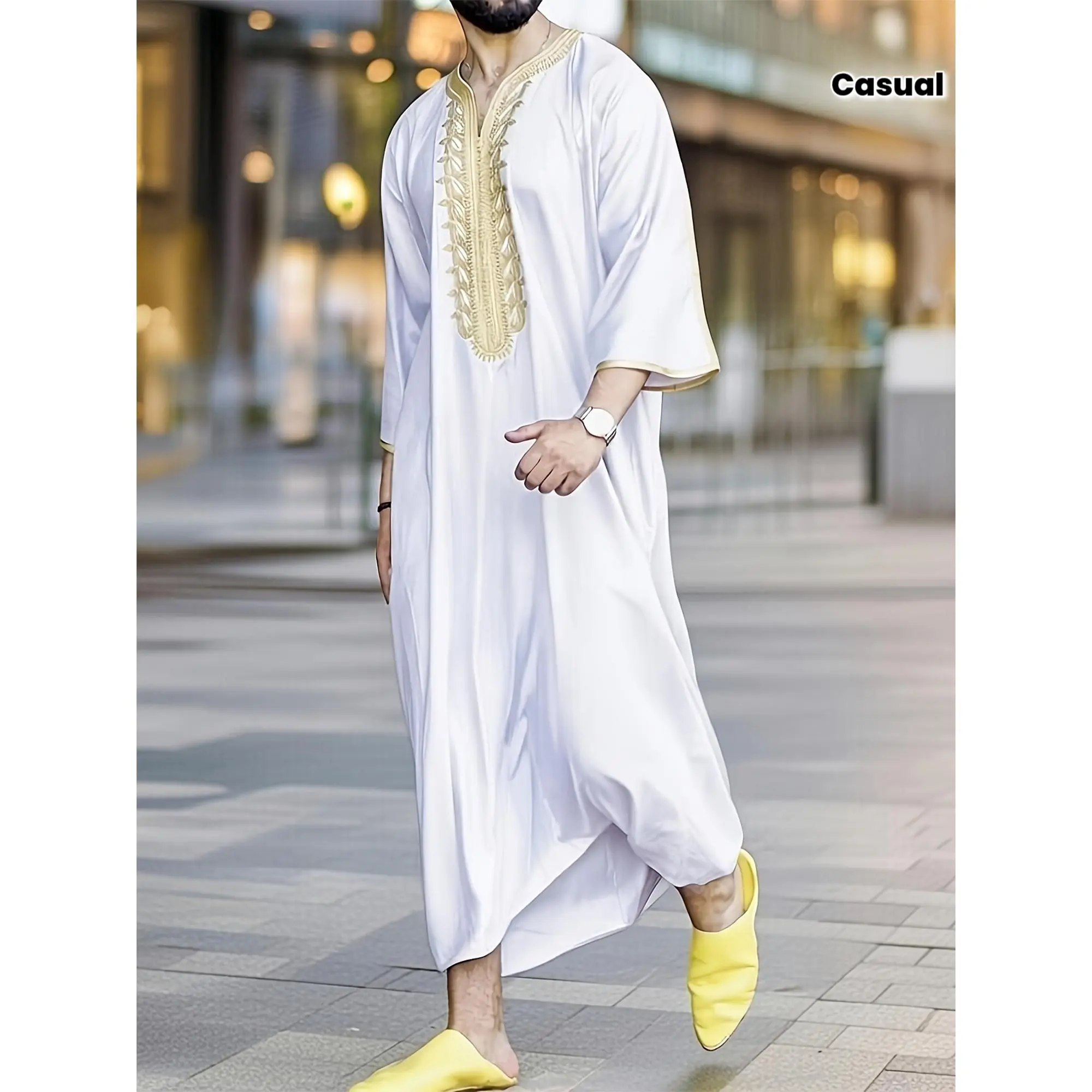 Men's Embroidered Jubba Thobe, Casual V-Neck Half-Sleeve Robe in Solid Woven Polyester, Vintage Islamic Modest Wear, Embroidery, Modest Fashion, Vintage Casual, Plain