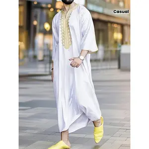Men Islamic Robe Muslim Kaftan Half Sleeve V Neck Vintage Casual Dubai Saudi Arabia Men Clothing Embroidery Jubba Thobe
