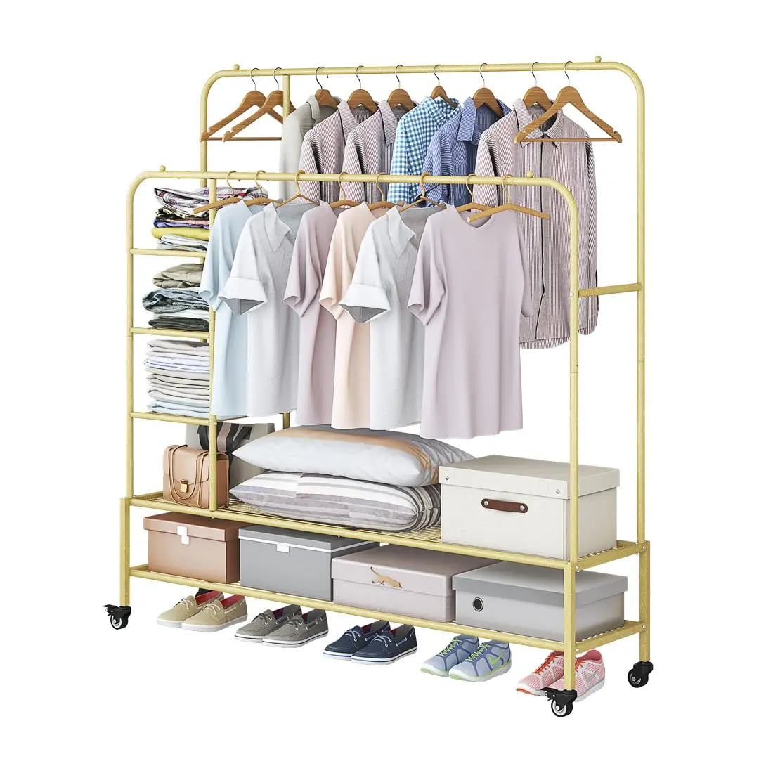 Heavy Duty Portable Garment Rack with Bottom Metal Shelf for Drying Coats Shirts & Shoes - 48.03" x 12.99" x 64.65" Large Capacity Clothes Organizer