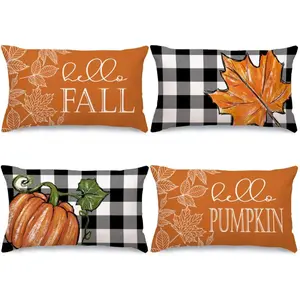 4pcs, Fall Throw Pillow Covers, Contemporary Style, Buffalo Check & Pumpkin Design, Autumn Maple Leaf Pattern, Zipper Closure, Machine Washable, Decorative Cushion Cases for Various Rooms,Single-sided Printing Without Pillow Core