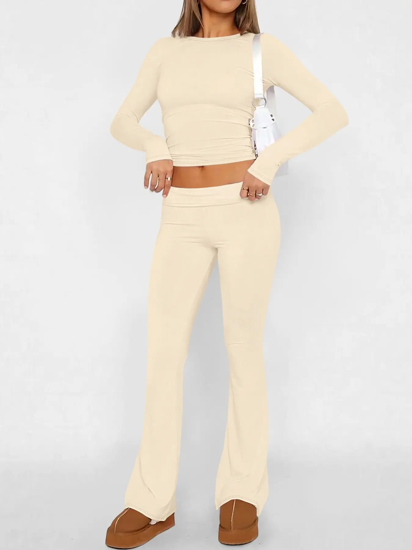 Stylish Casual Basic Women's Long Sleeve Solid Cropped Top with High Waist Flare Pants Set, Lightweight Fall Fashion for Trendy Womenswear Outfits Clothes, High Waisted Sets