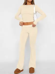 Stylish Casual Women's Long Sleeve Solid Crop Top with High Waist Flare Pants Set, Lightweight Fall Fashion for Trendy Womenswear