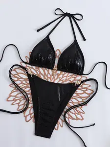 Dark Punk Style Crocodile Pattern Halter Tie Back Bikini Set, Metal Shell Pendant Detachable Swimwear, Women's Fashion Swimsuit