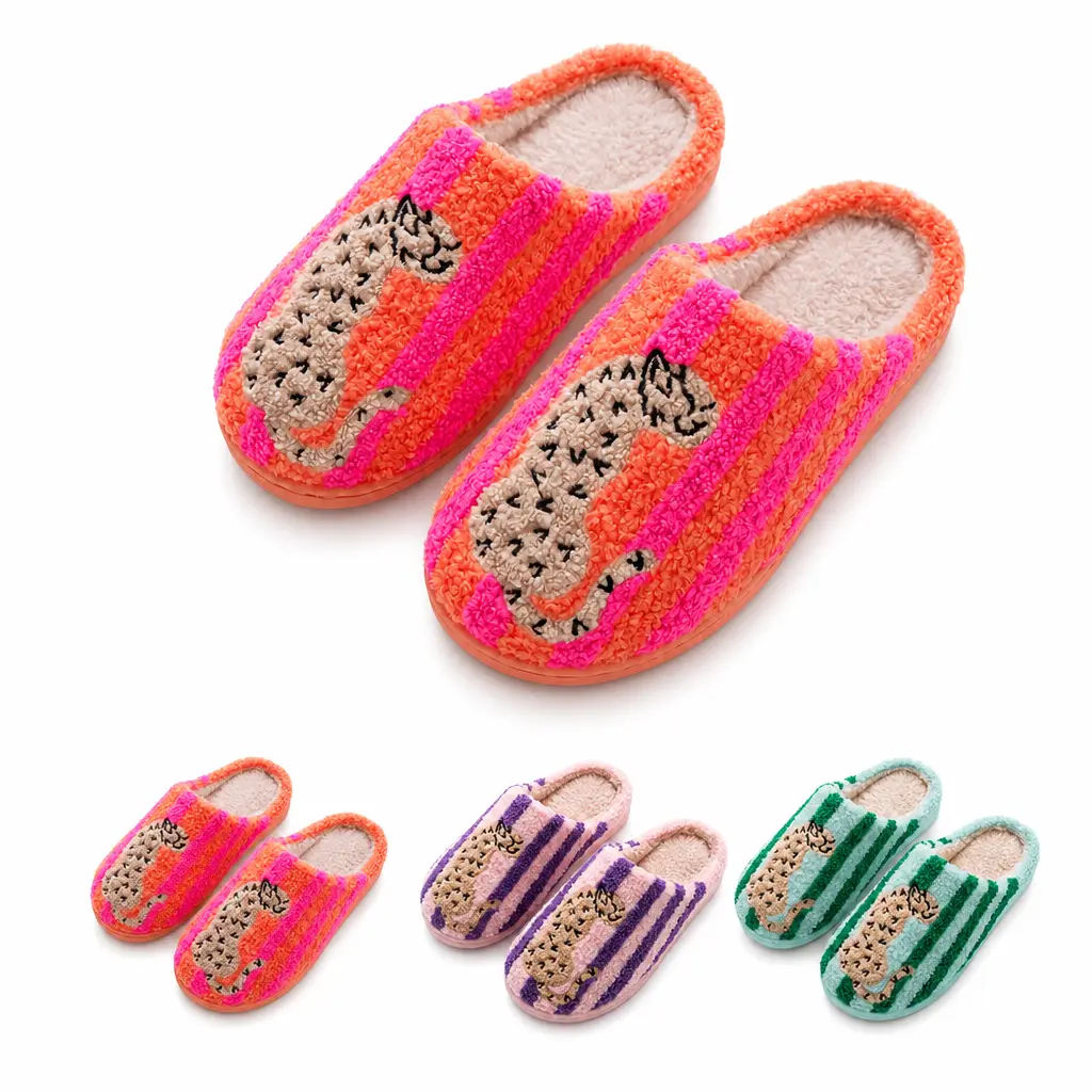 Women's Retro Striped & Leopard Pattern Fuzzy Closed Toe Slippers, Super Soft Fluffy Lined Warm Fabric, Anti-Slip Quiet Sole Cozy Indoor Bedroom Plush Slippers, Winter Home Shoes, Perfect Holiday Gift for Ladies, Leopard Print Slippers