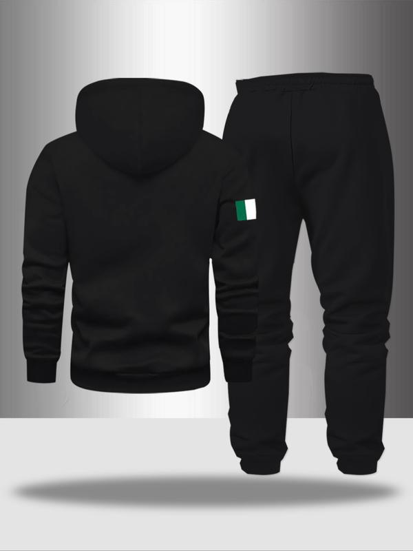 Men's Letter Print Casual Sportswear Set, Hooded Sweatshirt & Drawstring Pants, Fall Winter Comfortable, 2 Piece Set, Sweatsuit Set Outfit