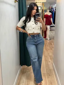 Rhinestone barrel jeans strech