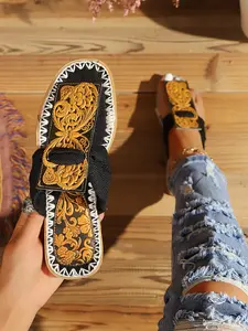 Vintage Floral Western Cowboy Sandals, Colorful Flower Print Fabric Strap Design, Women's Summer Outdoor Comfortable Flip Flops