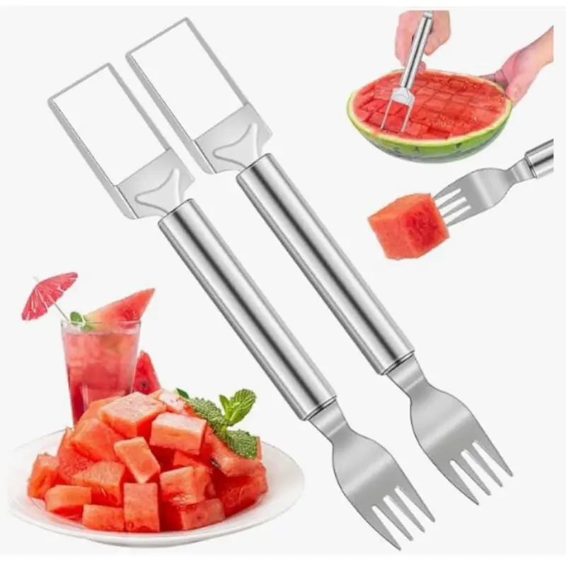 2 in 1 Watermelon Cutter & Fork, 2pcs/set Stainless Steel Fruit Cutter, Fruit & Vegetable Cutting Utensils for Home Kitchen Watermelon Fork Slicer, Kitchenware