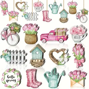 24 Piece Spring Easter Wooden Decorations, Hollow Out Wood Hanging Ornaments, Farmhouse Tree Decoration, Home Decor Accessories